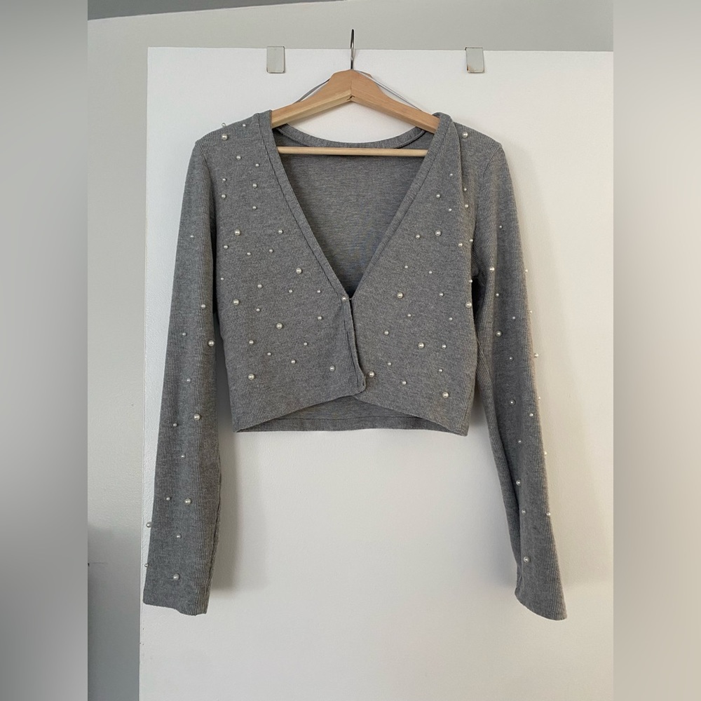 Zara Grey Pearl Appliqué Knit Cardigan